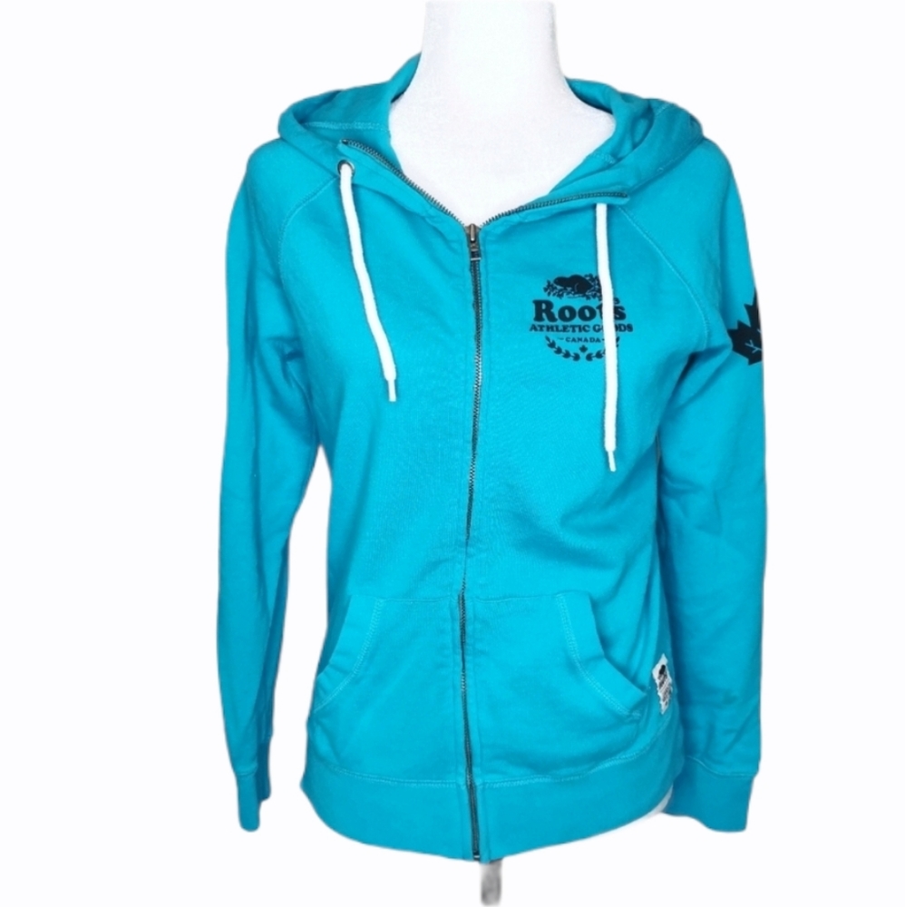 Roots turquoise/teal blue hooded zip sweater